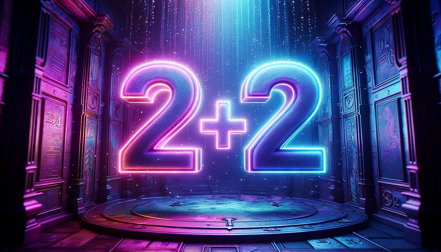 Photo-realistic image of the equation '2+2' set against a fantasy backdrop. The numbers glow with neon colors, primarily in shades of purple and blue. The scene is lit in a vibrant and cinematic manner, reminiscent of animated film styles, yet maintains a realistic feel. Surrounding the equation are intricate details, adding depth and dimension to the scene.