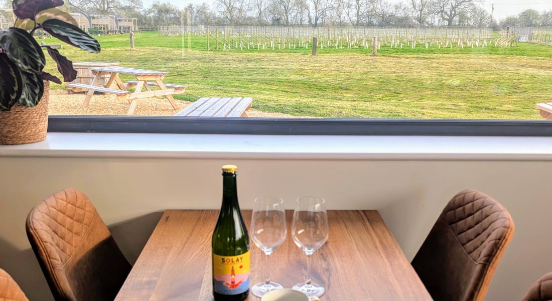 A table with a wine bottle and two glasses on it, with a vineyard view in front across the window A table with a wine bottle and two glasses on it, with a vineyard view in front across the window