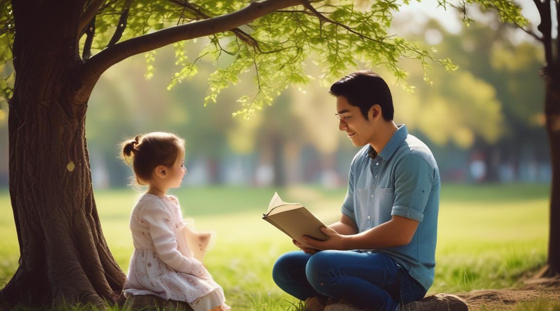 A man reads a book to a little girl sitting under a tree.
