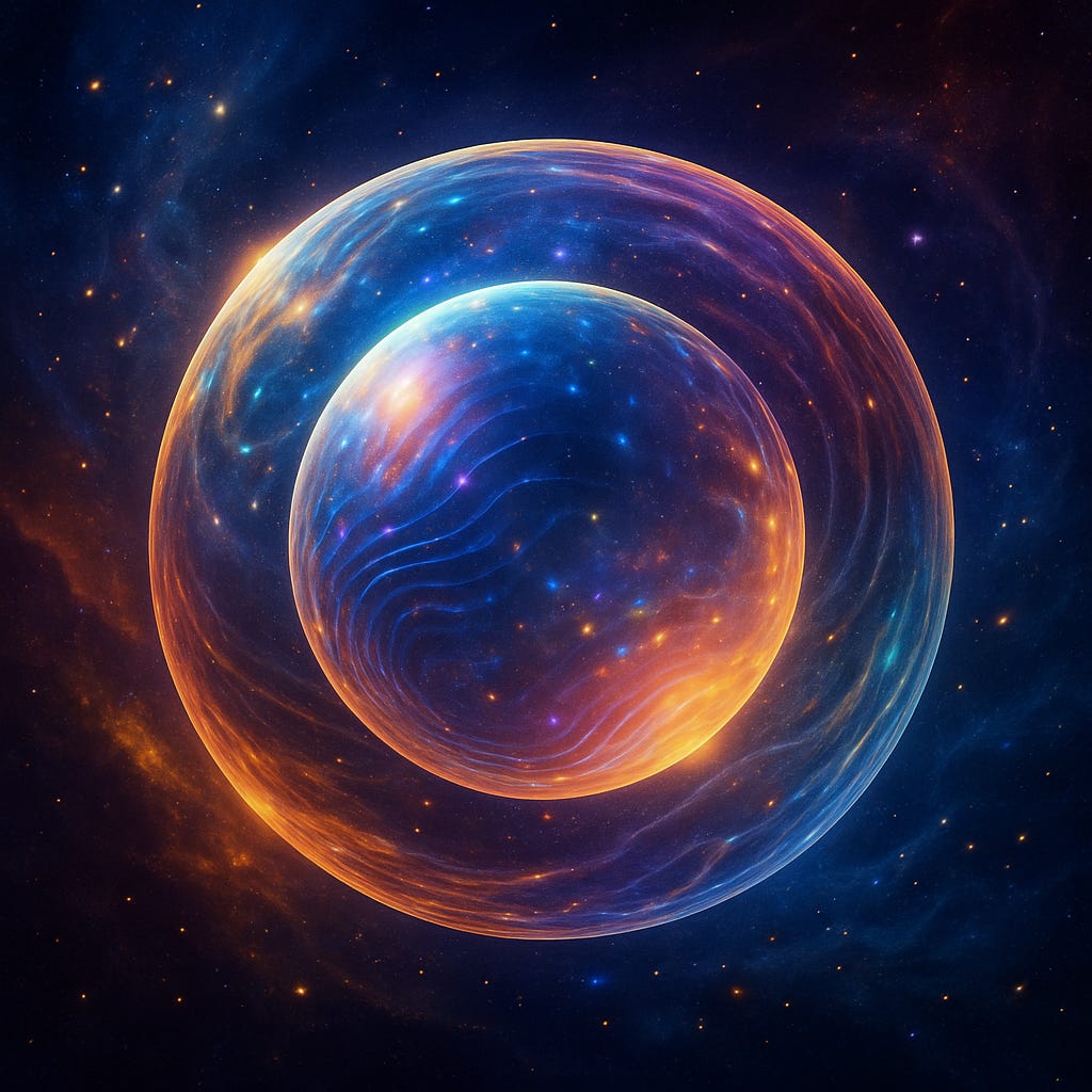 A glowing, ethereal spherical wavelet floats in deep space, rippling with vibrant light patterns and cosmic energy. The translucent boundary shimmers with threads of information, surrounded by star fields and abstract waves of colour, symbolising the weave of reality and consciousness. A glowing, ethereal spherical wavelet floats in deep space, rippling with vibrant light patterns and cosmic energy. The translucent boundary shimmers with threads of information, surrounded by star fields and abstract waves of colour, symbolising the weave of reality and consciousness.