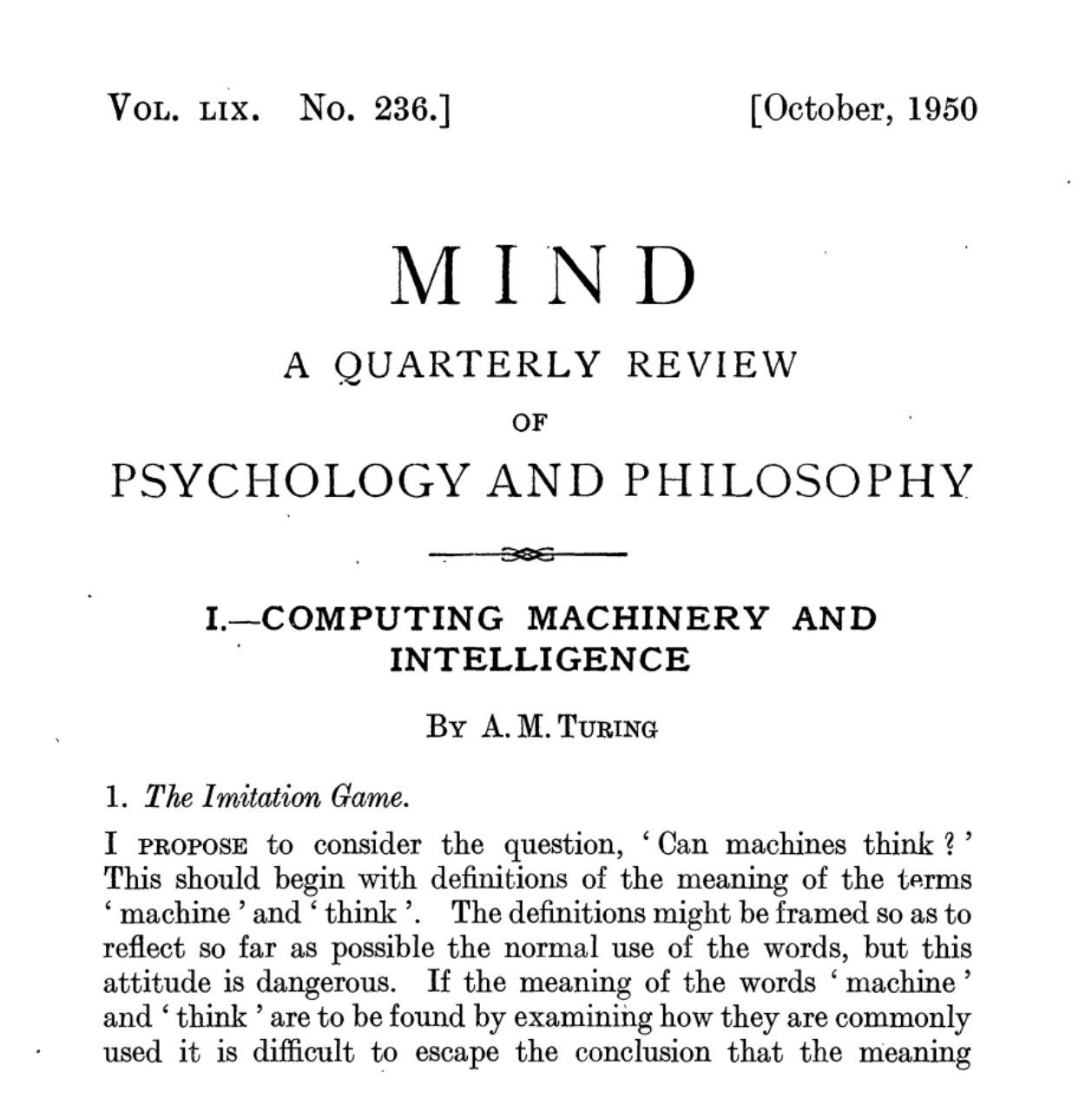 The cover page of Turing's 1950 'Computing Machinery and Intelligence' paper.