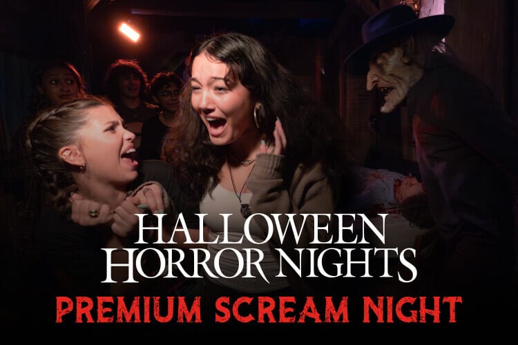 Halloween Horror Nights Premium Scream Night logo: Two screaming friends turning away from a ghoulish scareactor in a black brimmed hat next to a table with a bloody corpse. Halloween Horror Nights Premium Scream Night logo: Two screaming friends turning away from a ghoulish scareactor in a black brimmed hat next to a table with a bloody corpse.