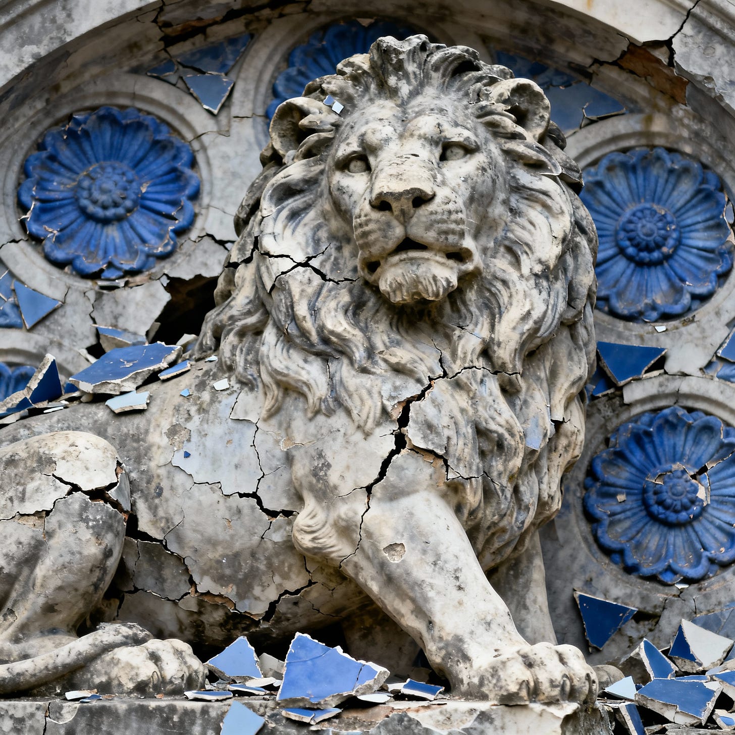 Crumbling stone lion with broken blue rosettes