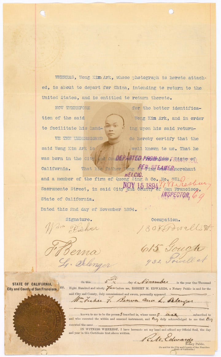 Aged paper showing an attestation that Wong Kim Ark was born in San Francisco. Aged paper showing an attestation that Wong Kim Ark was born in San Francisco.