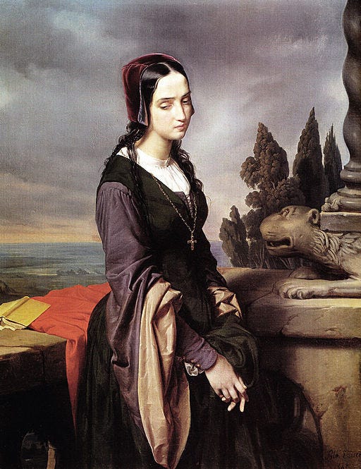 Painting of a somber looking woman in a dark dress standing on a balcony or turret, with a turbulent, cloudy sky as backdrop Painting of a somber looking woman in a dark dress standing on a balcony or turret, with a turbulent, cloudy sky as backdrop