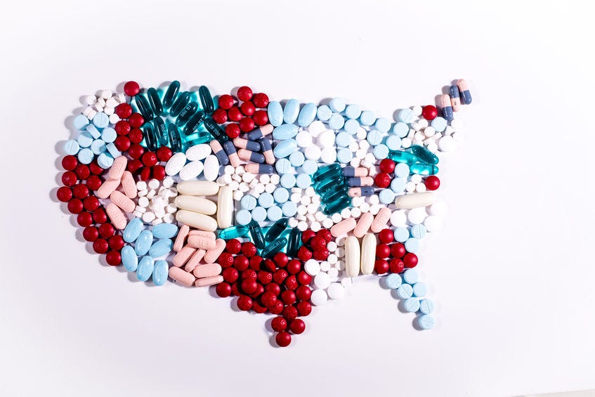 map of America created with various drug capsules