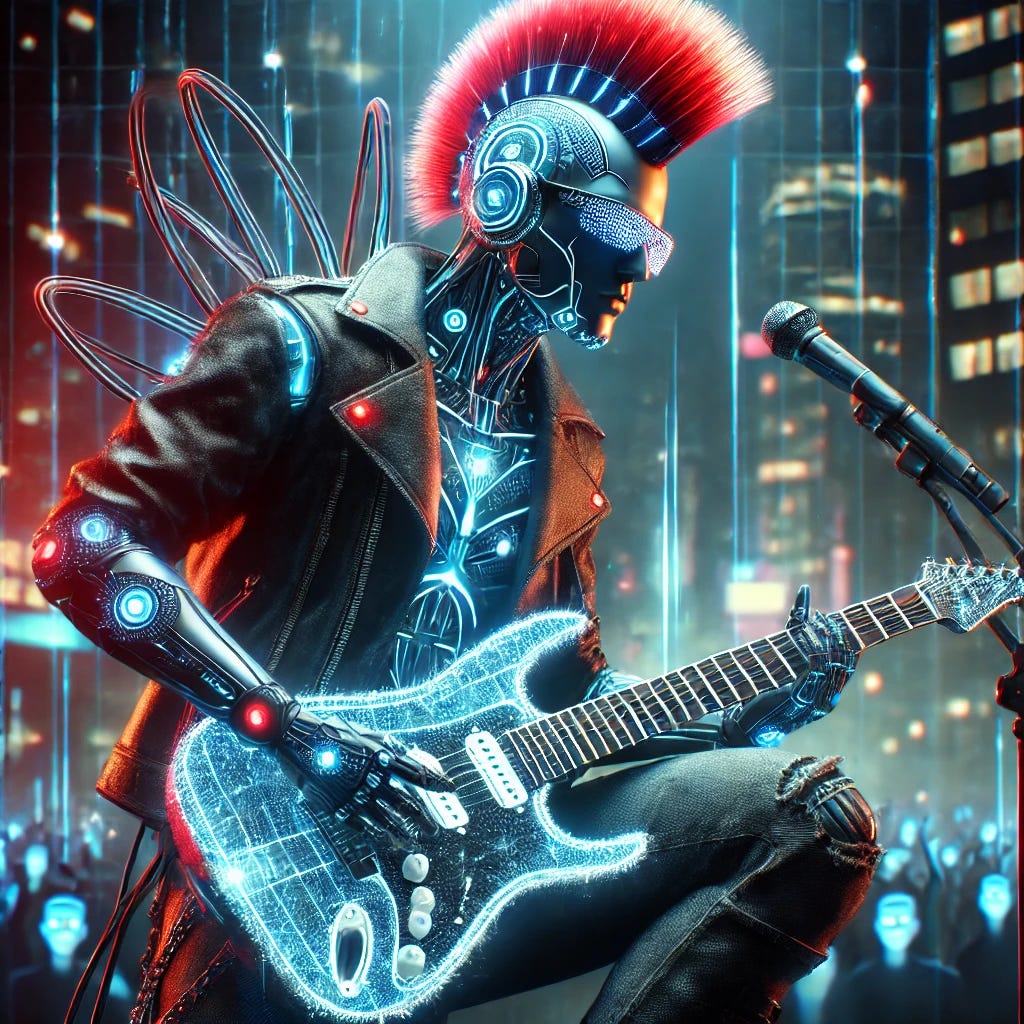 A futuristic hybrid rockstar with a cyberpunk aesthetic, playing an electric guitar that glows with neon blue and red lights. The rockstar has a mix of robotic and organic elements, with a sleek leather jacket, high-tech sunglasses, and a mohawk infused with LED streaks. The stage is surrounded by digital holograms of fans, and the atmosphere is filled with electric energy, sparks, and a neon-lit cityscape in the background.