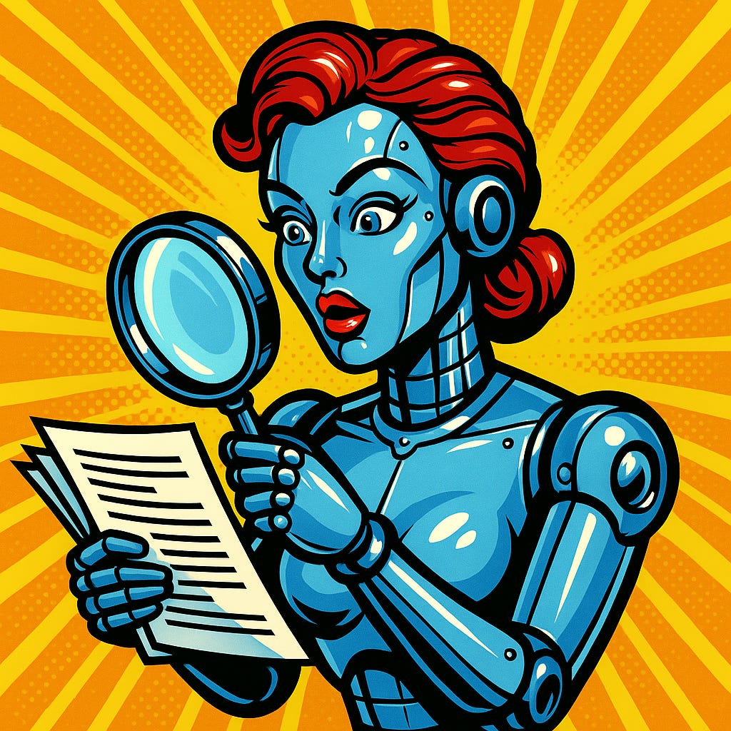Robot femme analyste avec loupe pour le fact-checking