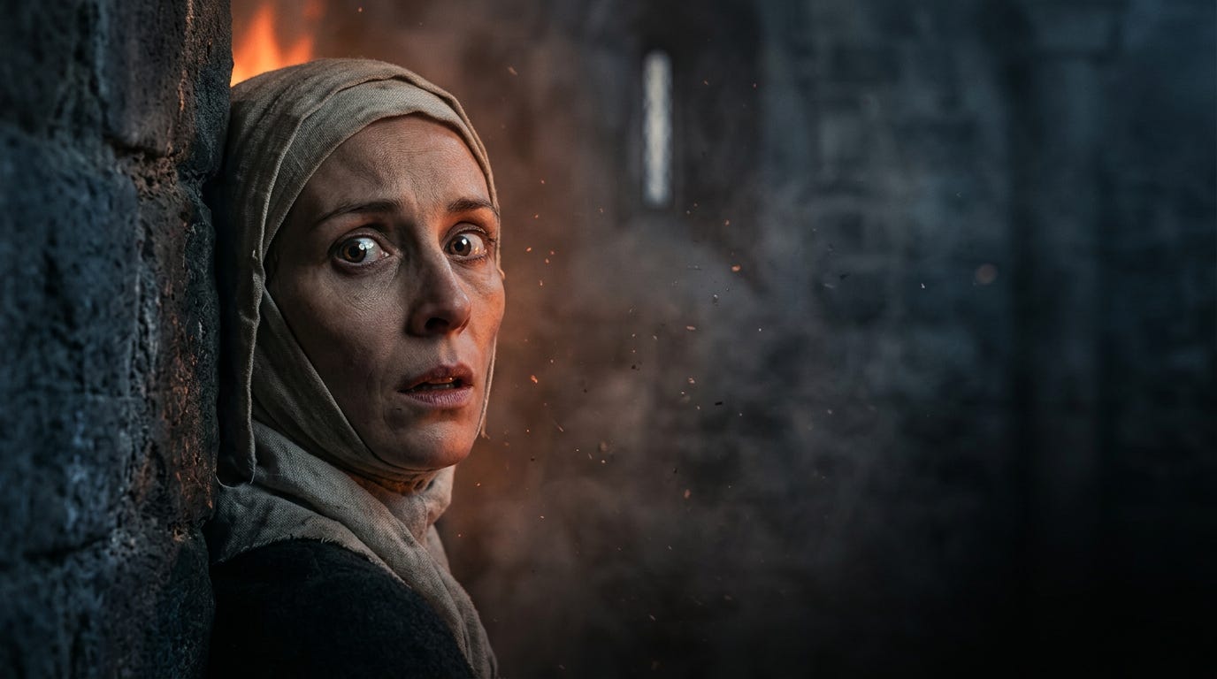 A medieval anchoress with a dirt-streaked face looks terrified as she leans against the stone wall of her cell, illuminated by an out-of-focus fire burning behind her.