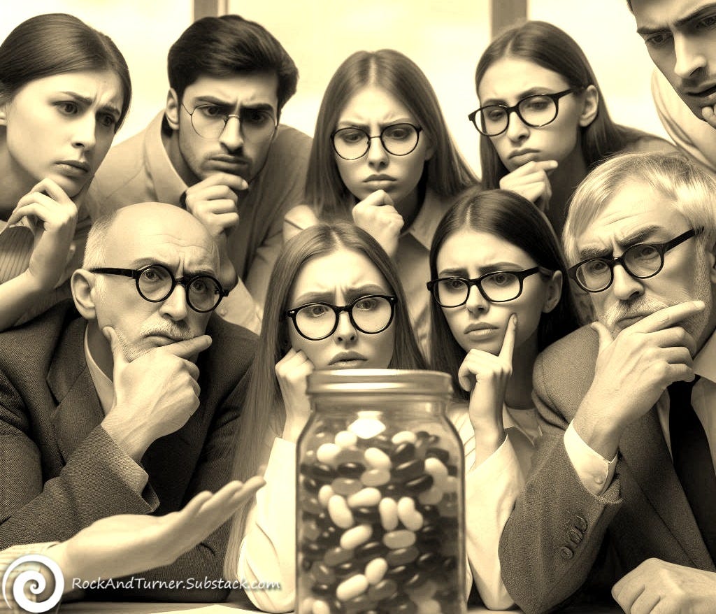 a group of people considering how many jelly beans are contained in a sealed glass jar