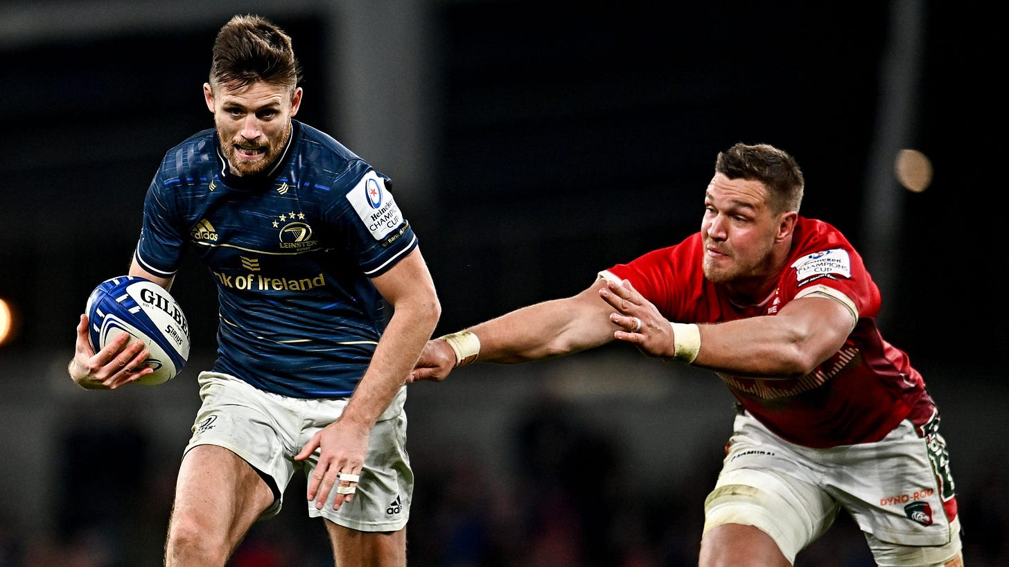 Ross Byrne evading the clutches of Leicester’s Hanro Liebenberg.