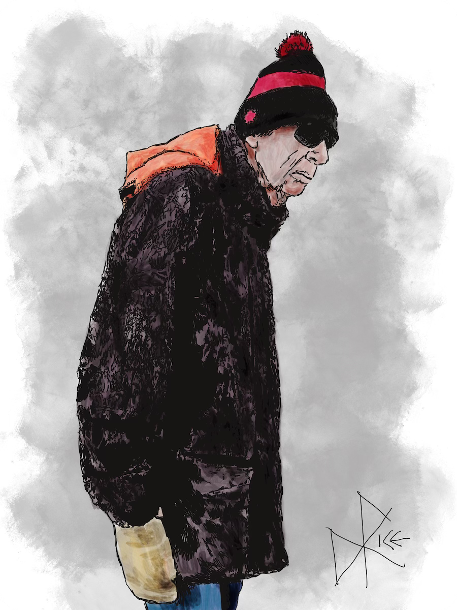 Old man in winter hat, coat and mitts. Sketch art by Don Rice.Old man in winter hat, coat and mitts. Sketch art by Don Rice.