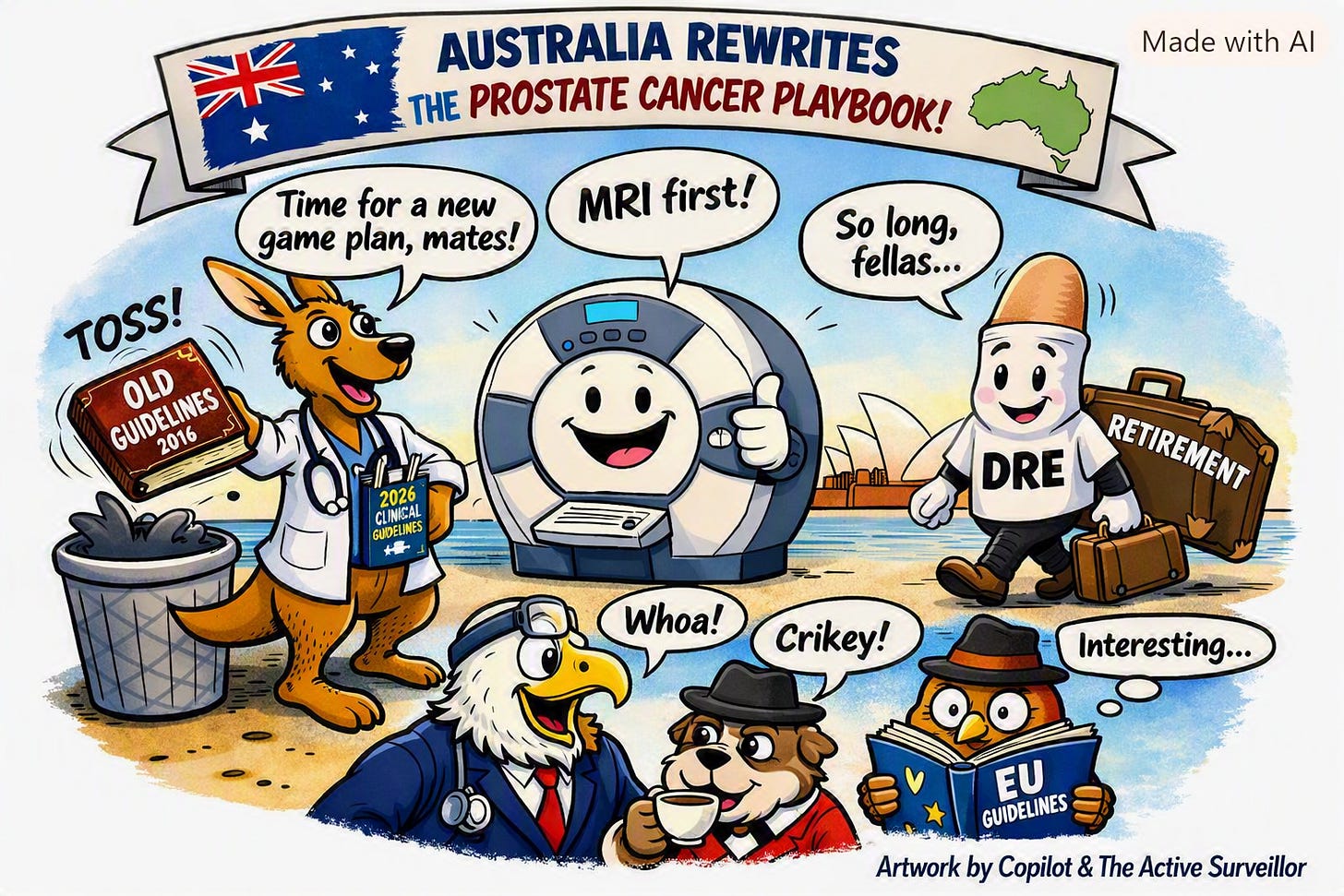 Final single-panel cartoon of Australia rewriting prostate cancer guidelines: kangaroo doctor with two hands tossing old guidelines, new guidelines in pocket; MRI machine giving thumbs-up; gloved finger wearing DRE T-shirt retiring; eagle saying Whoa; bulldog saying Crikey; owl saying Interesting; credit line Artwork by Copilot & The Active Surveillor