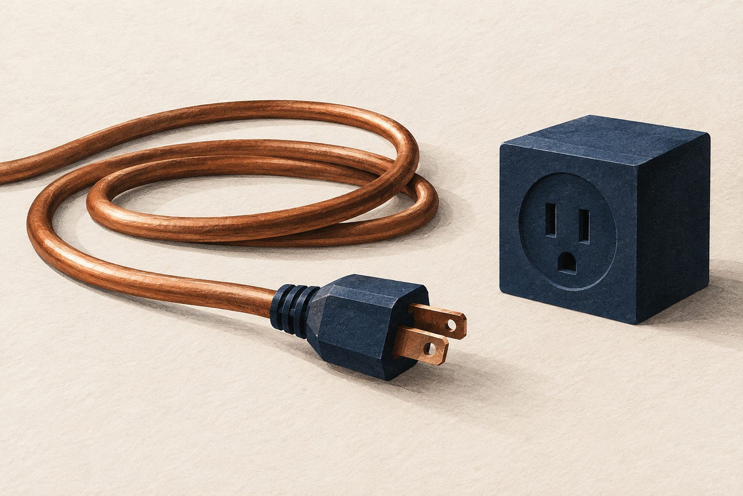 A copper-coloured cable rests unplugged beside a navy socket block. A copper-coloured cable rests unplugged beside a navy socket block.