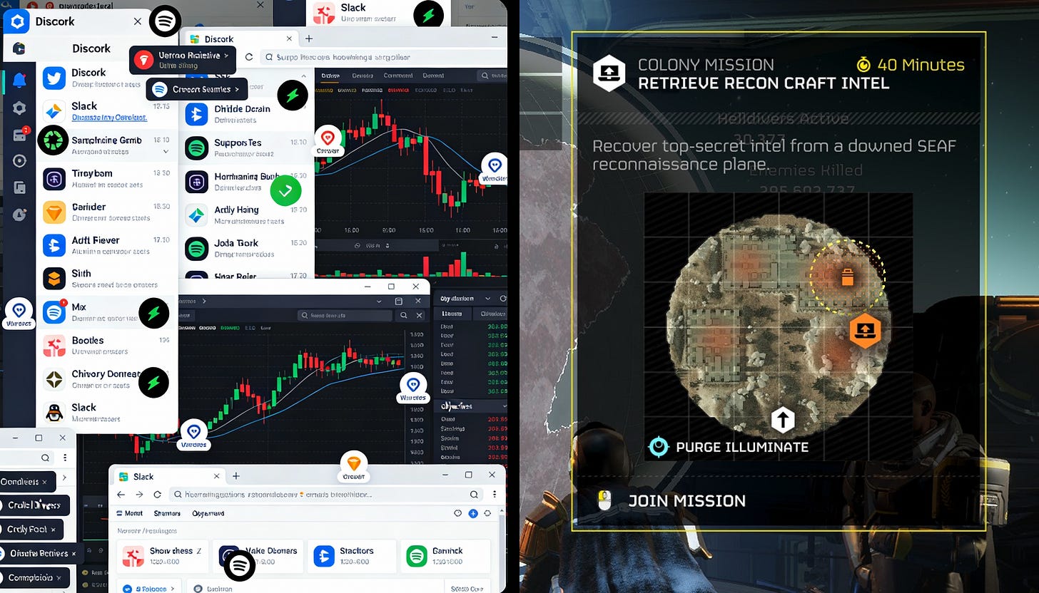 Contrasting images showing cluttered crypto workspace with overwhelming Discord channels and trading charts versus clean, structured Helldivers 2 mission interface, illustrating difference between uncontrolled work chaos and bounded game challenges.