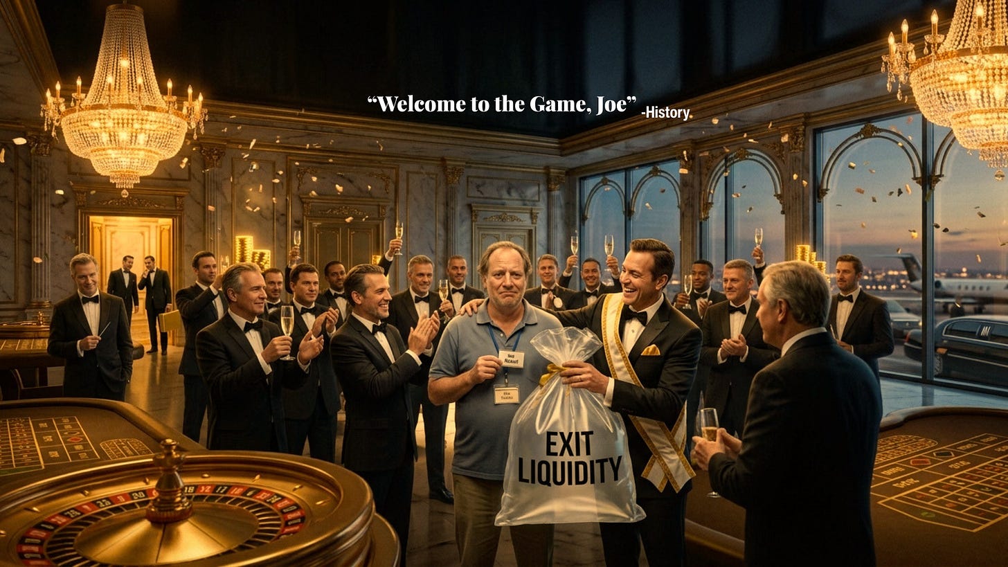 Man holding Exit Liquidity bag surrounded by celebrating tuxedo-clad men in casino Man holding Exit Liquidity bag surrounded by celebrating tuxedo-clad men in casino