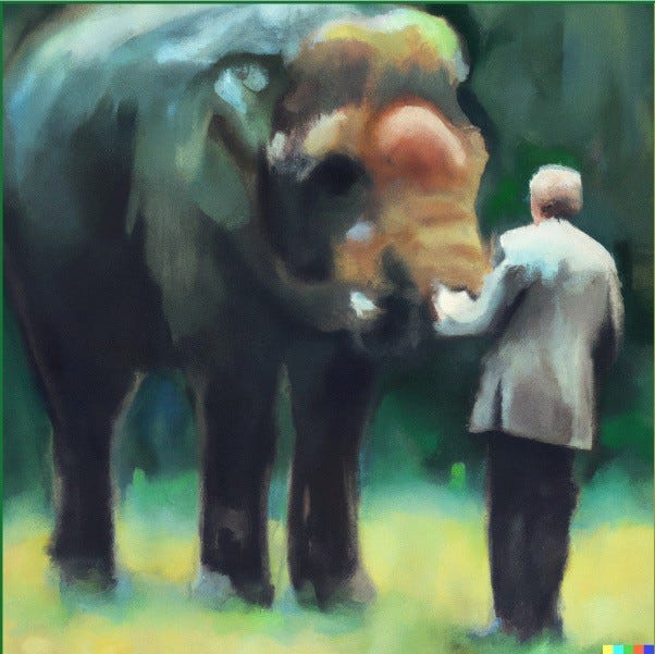 Impressionist painting of a man feeding a kindly elephant.