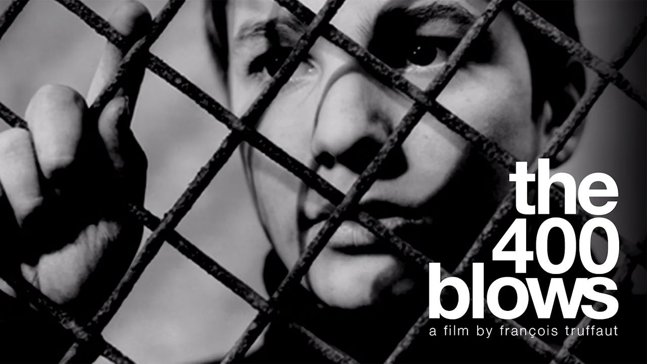 A young boy's face seen through a chain-link fence, his expression guarded and solemn. Horizontal Criterion Collection-style poster art for François Truffaut’s The 400 Blows (1959). A young boy's face seen through a chain-link fence, his expression guarded and solemn. Horizontal Criterion Collection-style poster art for François Truffaut’s The 400 Blows (1959).