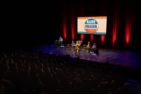 Photos of comedians on stage at the malthouse theatre peforming comedy.