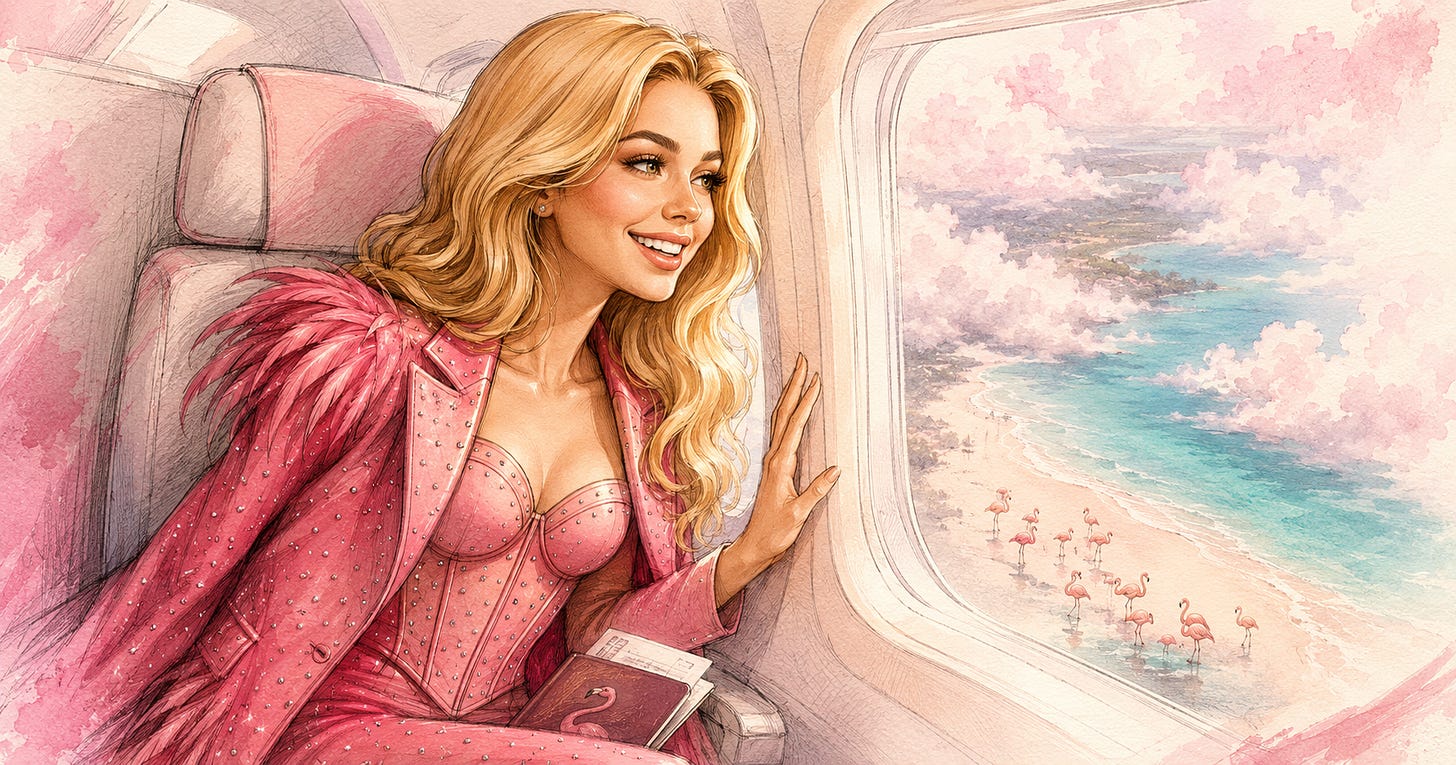 Watercolor illustration of Pinkie looking out an airplane window at a beach with pink flamingos below
