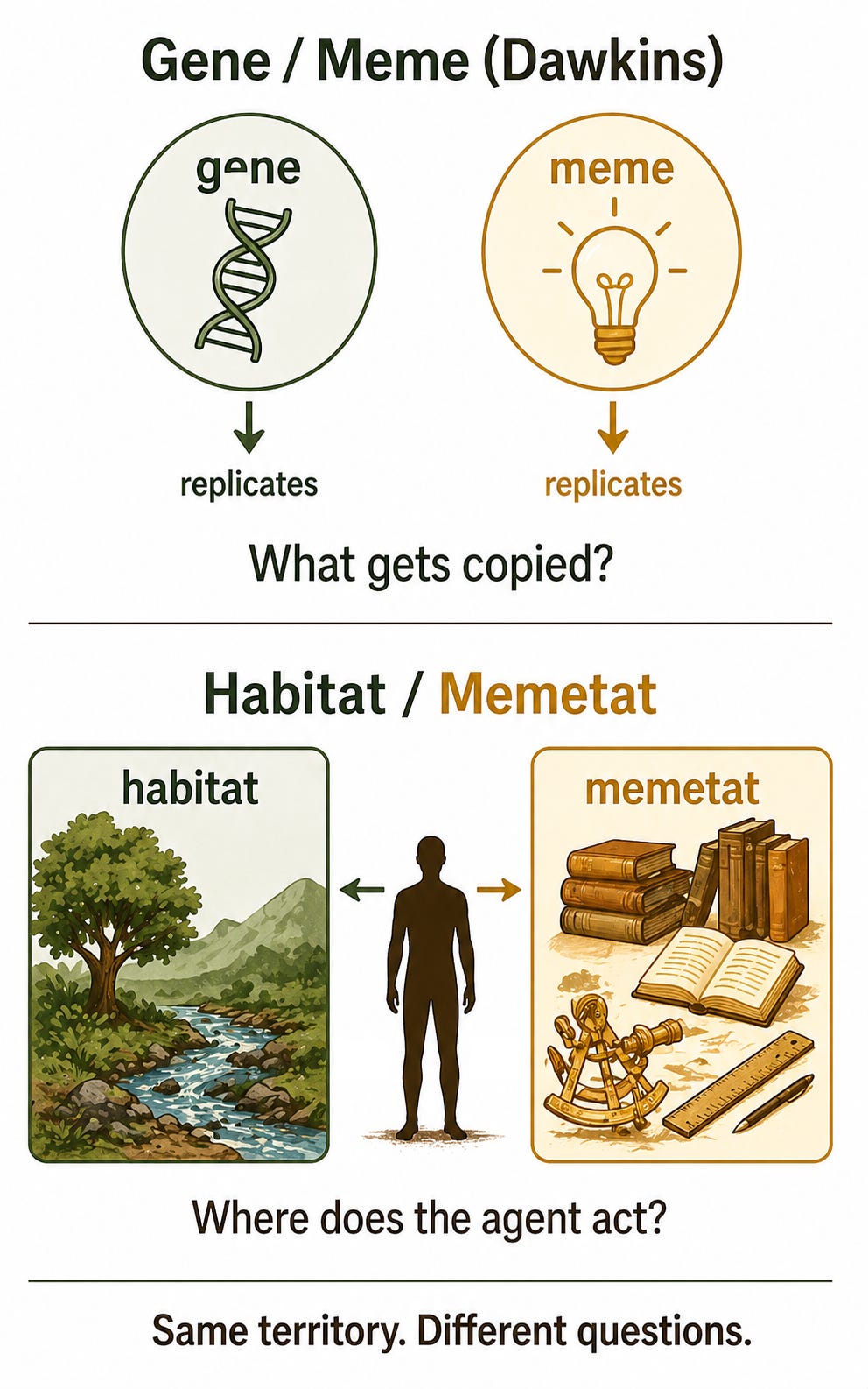 Genes and Memes (Cf. Dawkins) focus on the inheritance angle. Habitat and memetat focus on the “forms of life” (Cf. Wittgenstein).