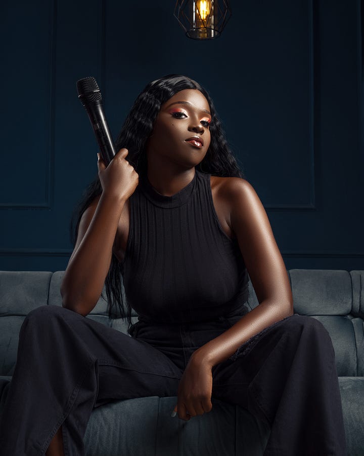 A picture of podcaster covering her mouth and the words 'unspoken awino wait' and a second picture of Awino Awiti a Black woman podcaster holding a microphone