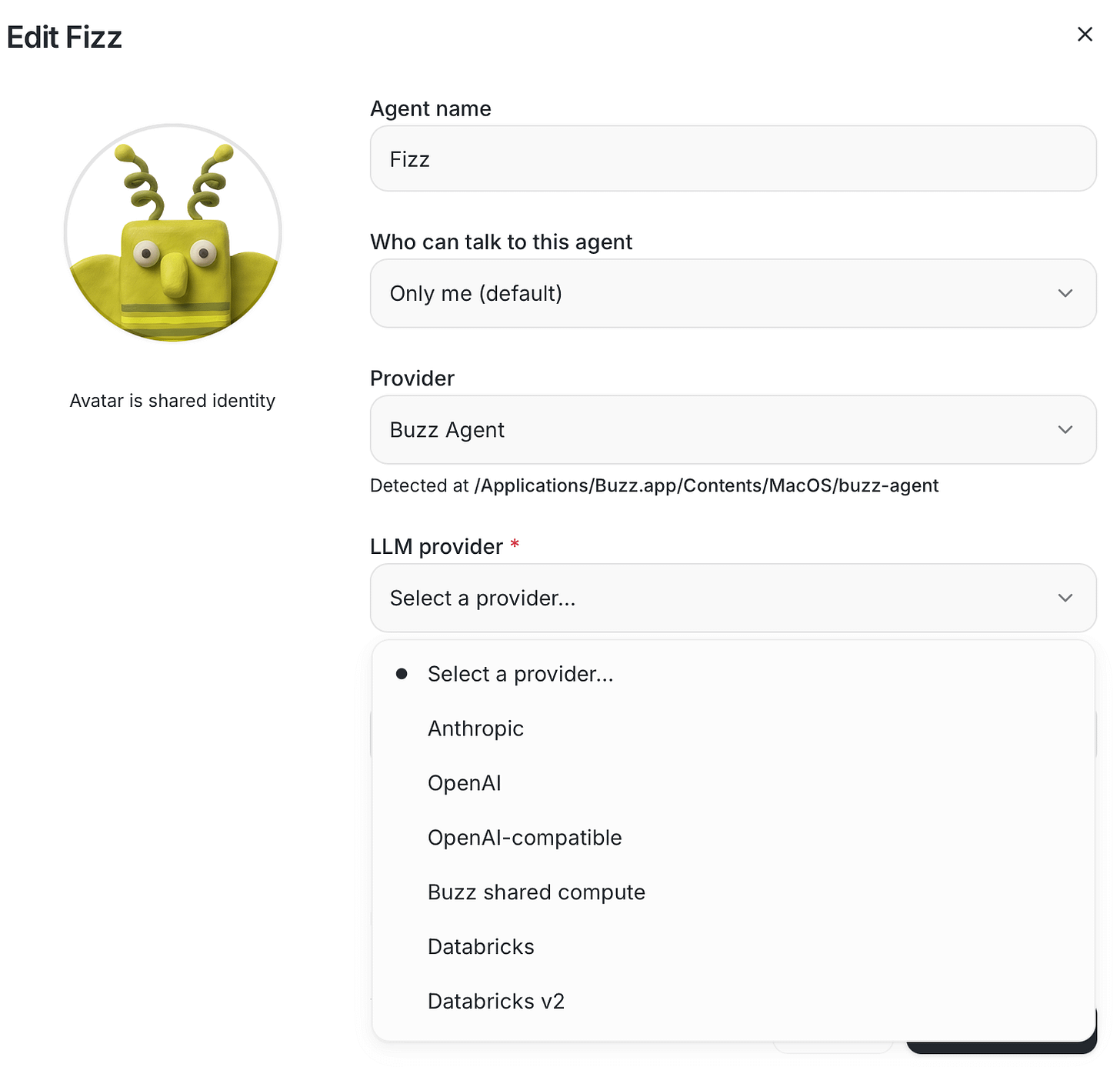 Buzz agent edit screen with LLM provider menu Buzz agent edit screen with LLM provider menu