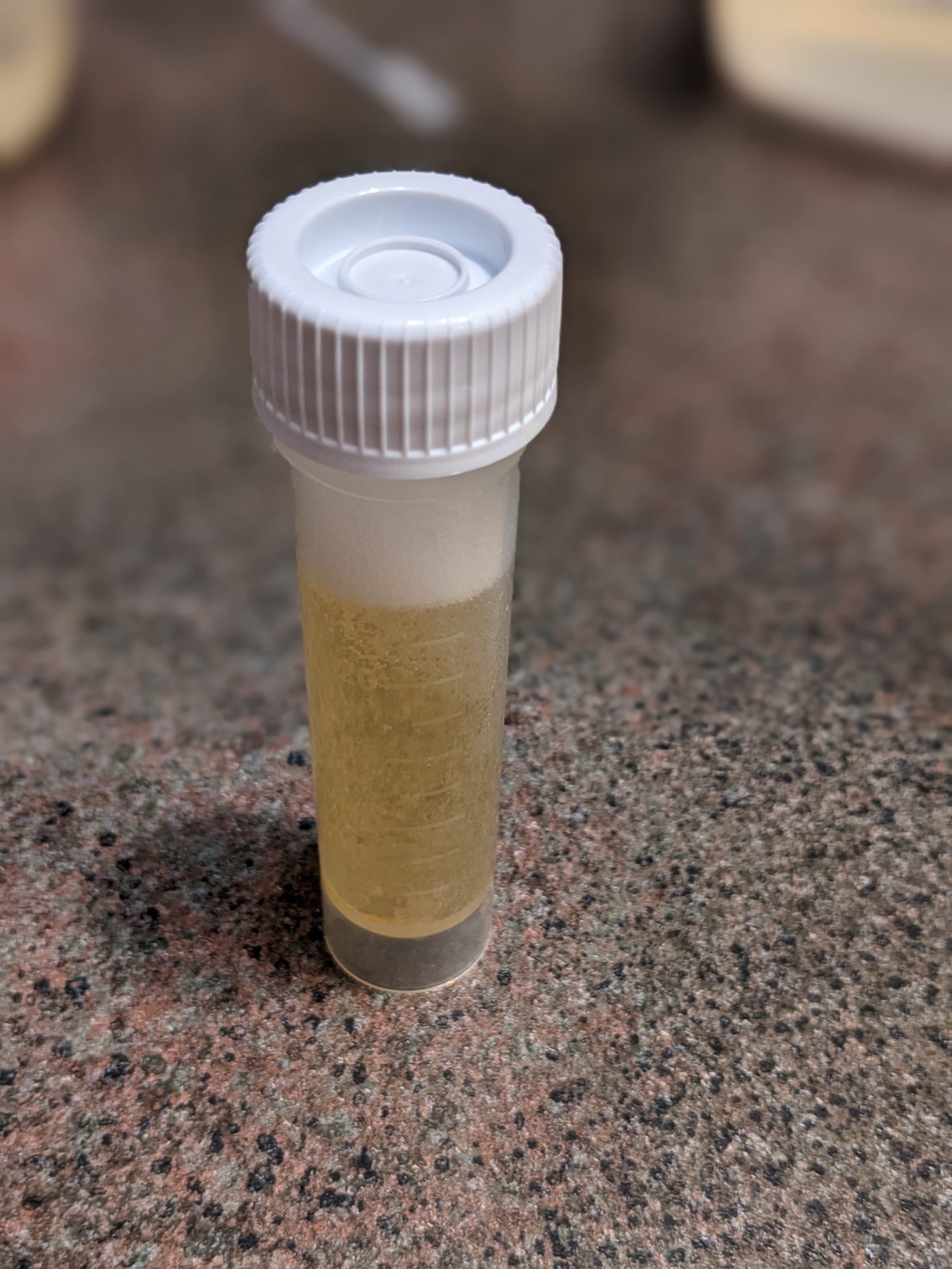 A plastic test tube filled with water and a test chemical. There are bubbles inside the tube, while the water is colored slighly yellow. The tube has a grey plastic cap.