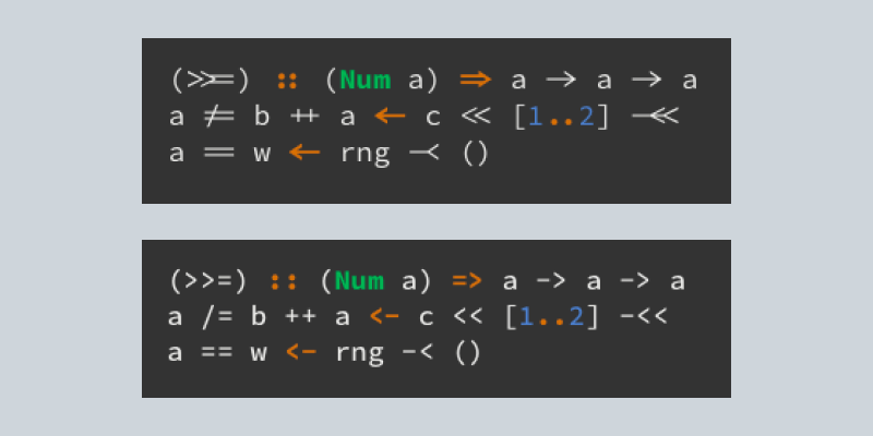 Img: Hasklig’s coding ligatures for Source Code Pro