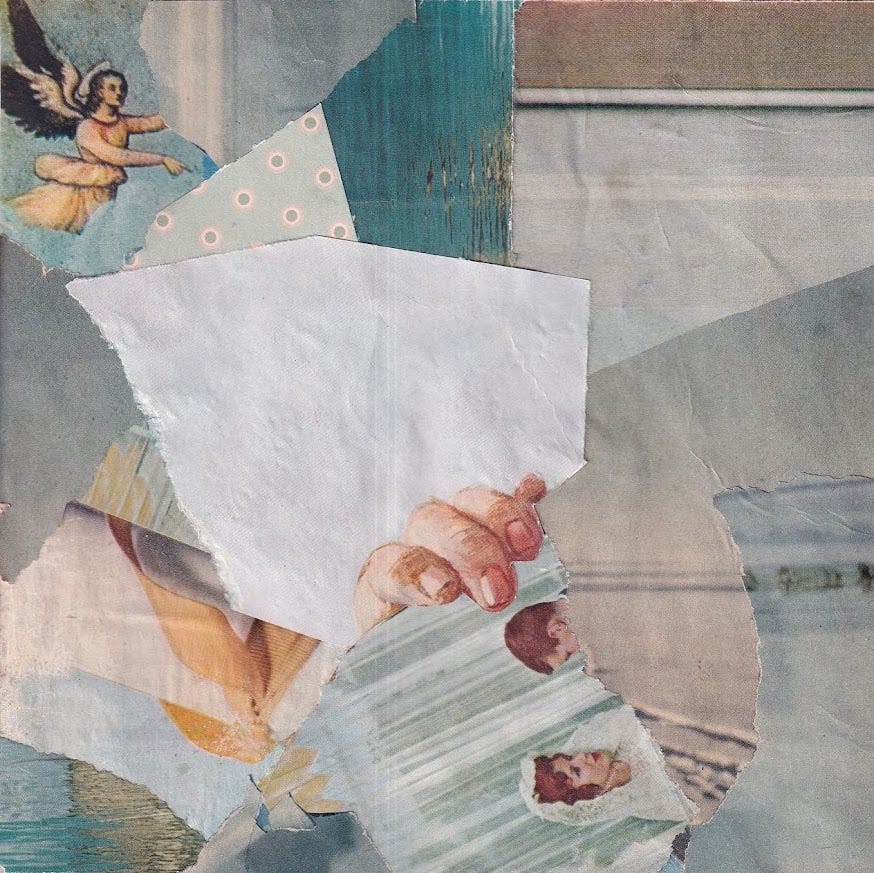 analog collage with scraps of light blue and aqua paper that extend fully to the edge of the paper. The composition is mostly abstract, but you can see the illustration of a hand hanging onto a ledge at center, near a photograph of a bride and a young boy; at upper left, an illustration of an angel pointing down to earth can be seen