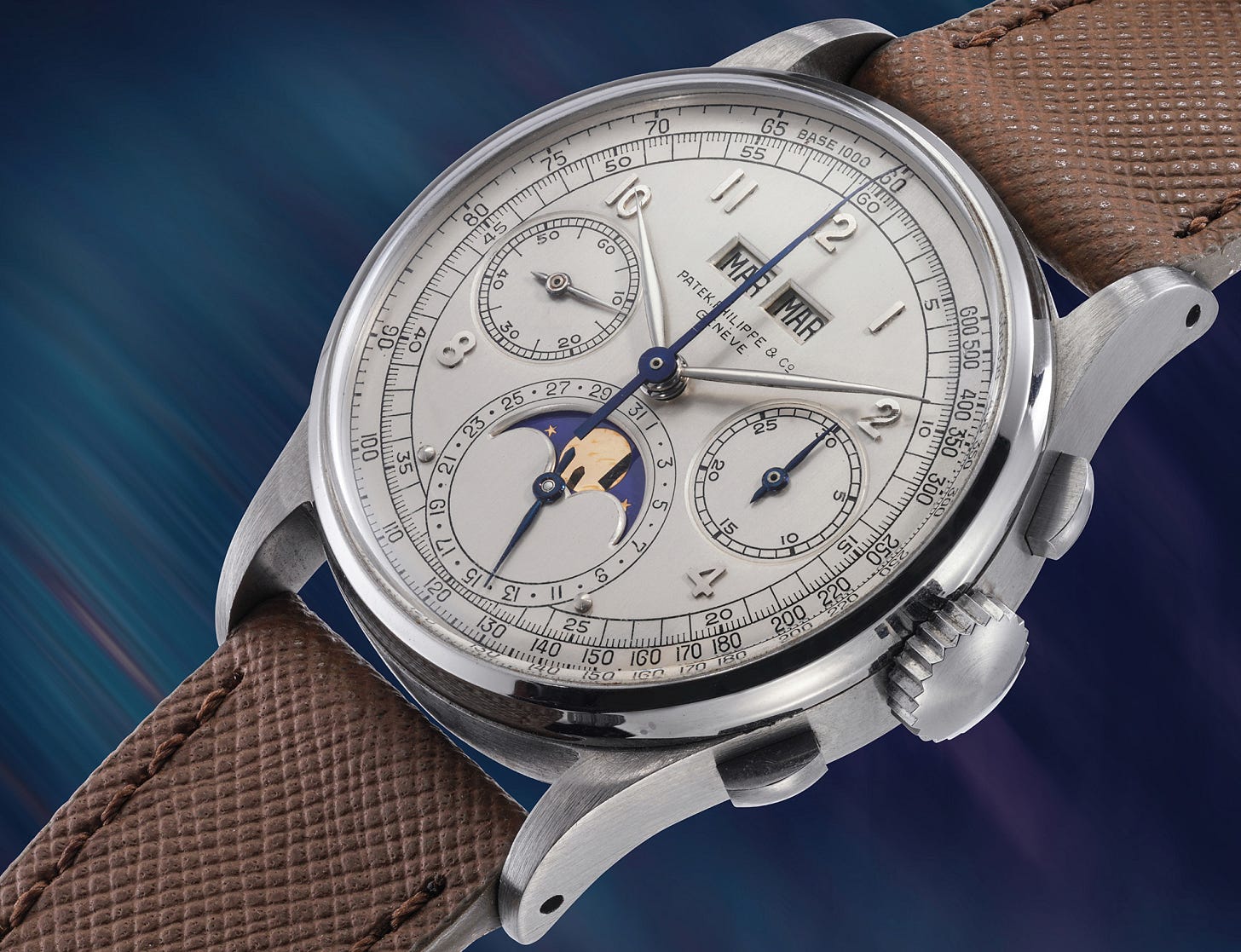 Patek Philippe
A genre defining, historically important highly collectable stainless steel perpetual calendar chronograph wristwatch with moonphase display, one of four known