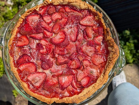 Finished slice ready to eat. Ingredients for Strawberry Balsamic Pie Filling. Finished Pie just out of the oven.