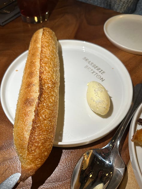 1. blood sausage wonton, 2. pâté , 3. baguette and butter, 4. duck, 5. steak frites, 6. pot de creme and creme brûlée