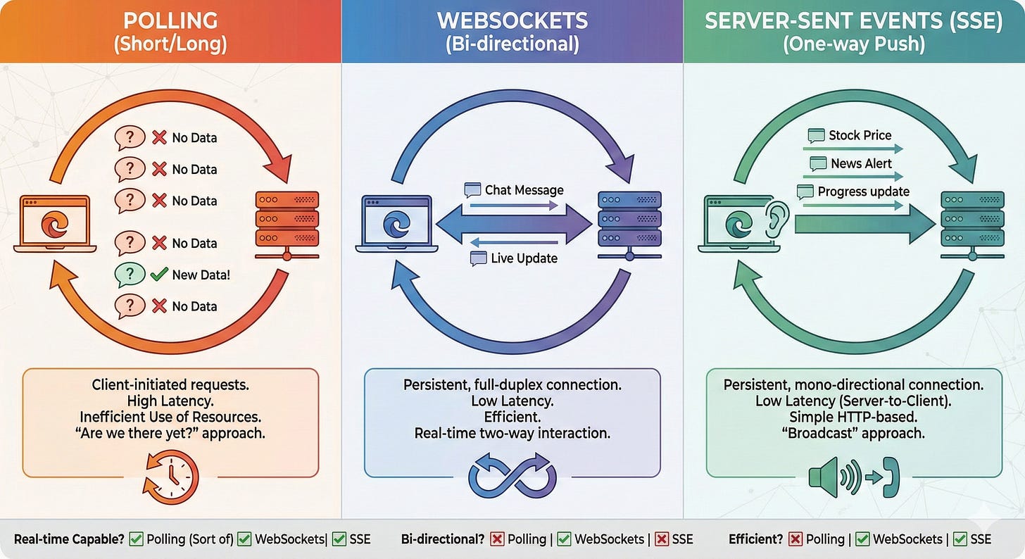 When to use Polling vs. WebSockets vs. SSE