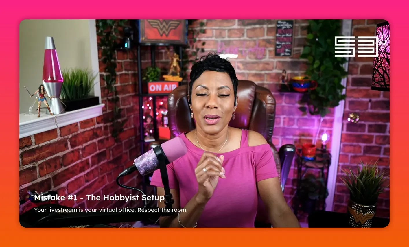 Close view of a host on live stream with clear facial visibility and studio background