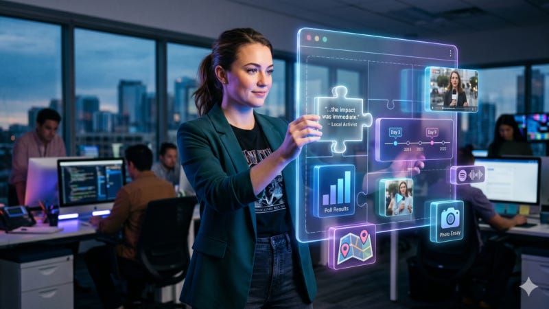 Illustration of a journalist building an interactive story with AI assistance