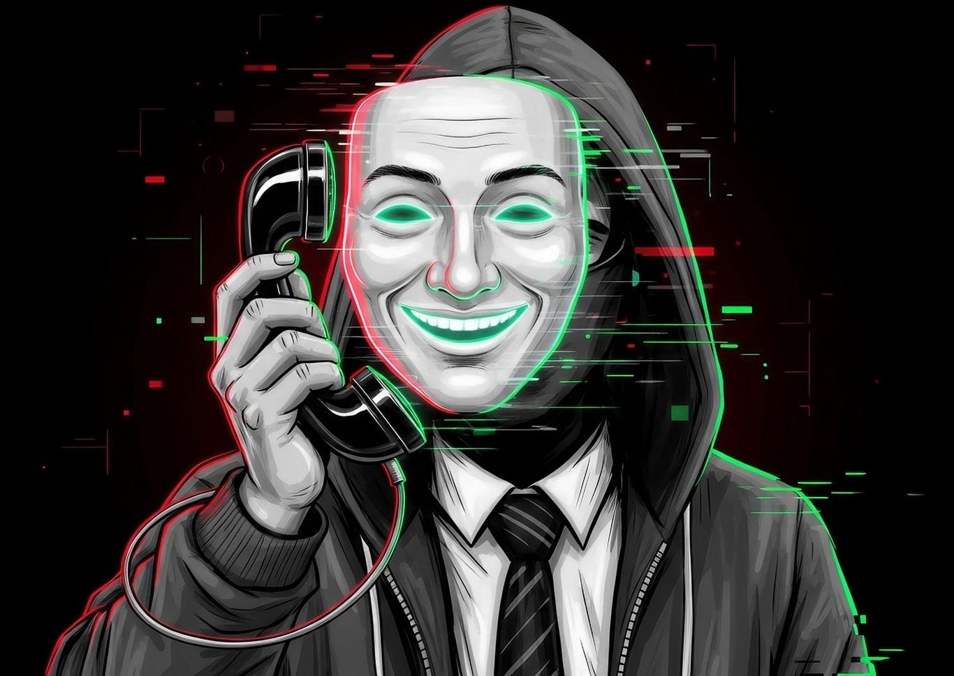 A dark illustration of a hooded cybercriminal holding a digital mask in front of their face. The mask is a hyper-realistic projection of a smiling corporate CEO, but pixelated glitches on the edges reveal the attacker underneath, representing AI-enabled voice phishing and deepfakes.