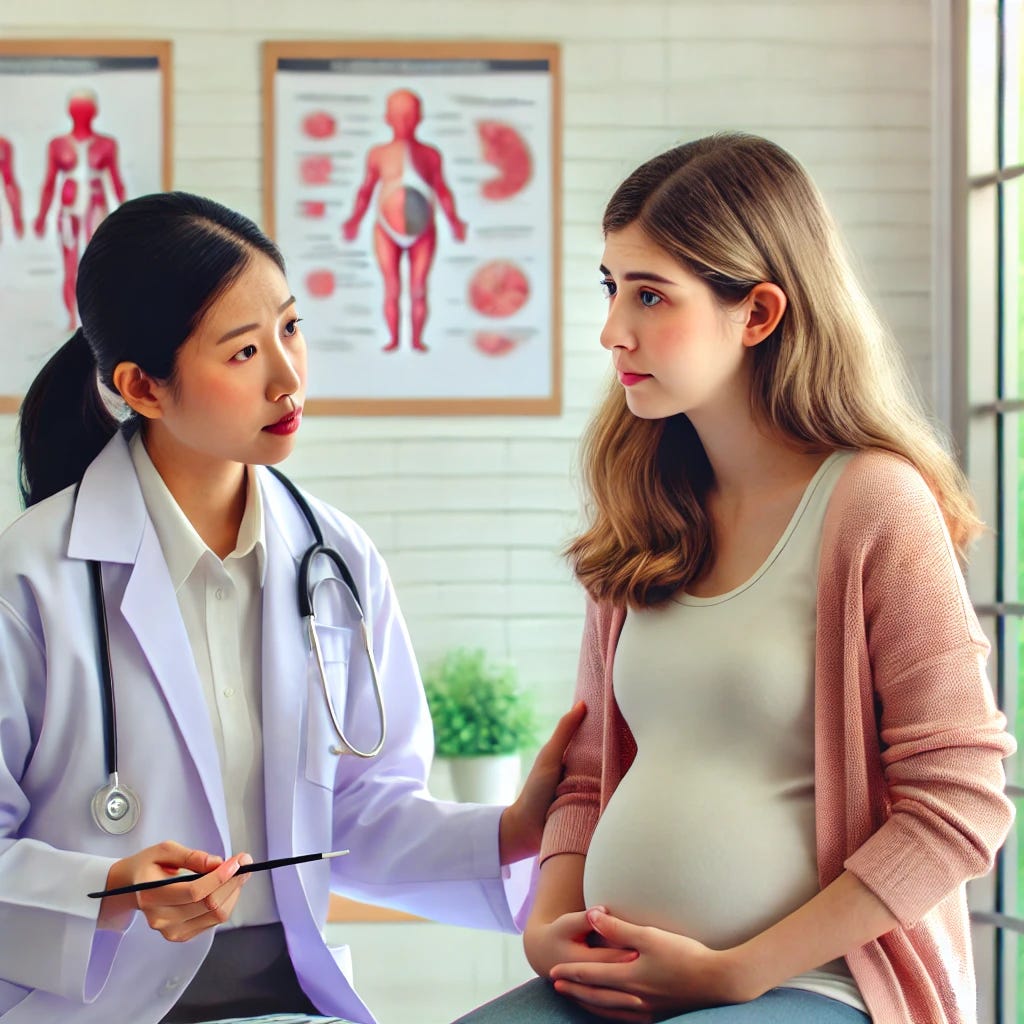 A pregnant woman receiving counseling from a female doctor in a clinical setting. The female doctor is showing concern while explaining something, and the woman appears attentive. The background includes medical posters and charts, and the setting is bright and welcoming with soft, natural lighting.