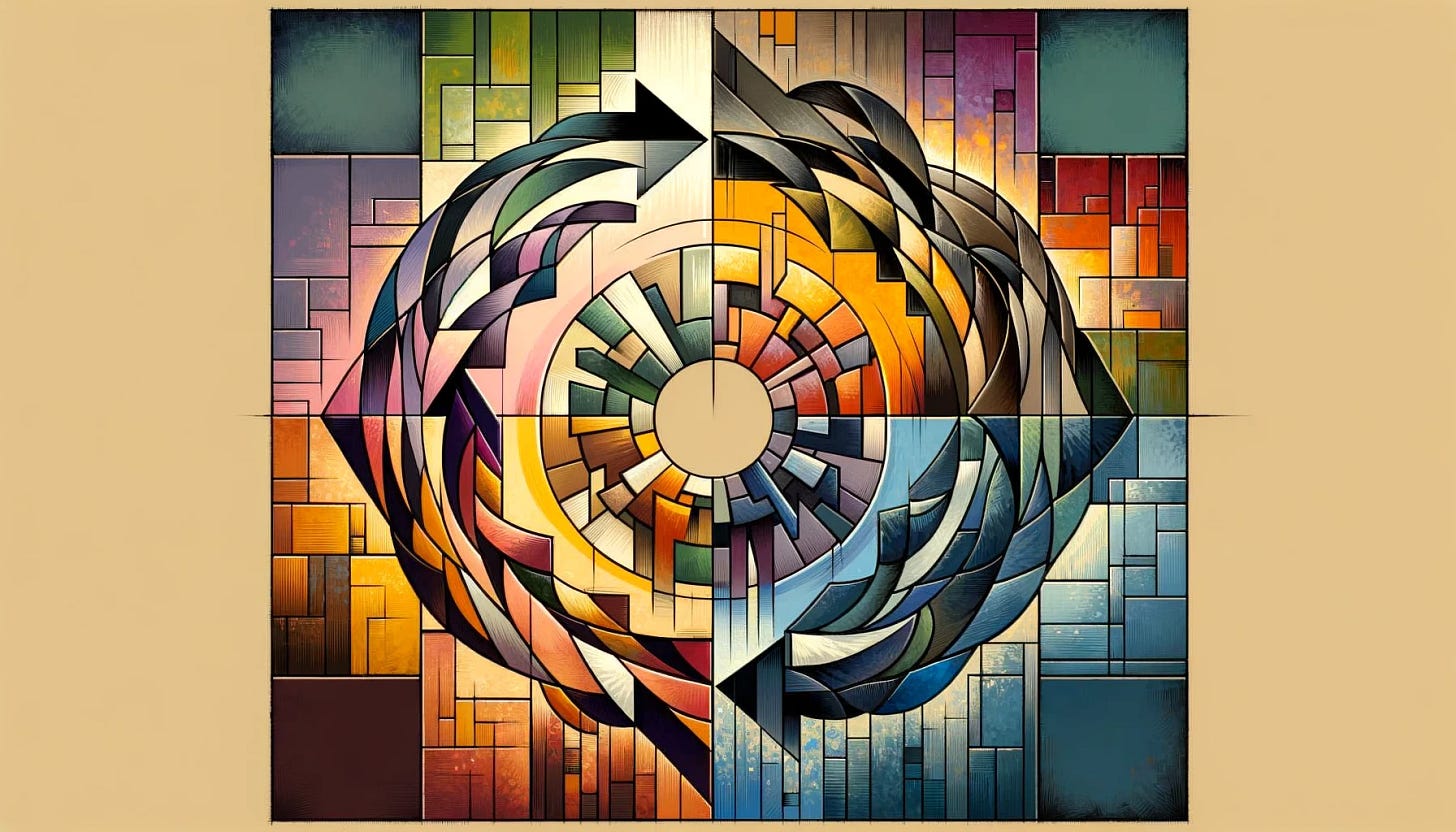 Create an image in the style of Cubism to represent the Mission Response Cycle, illustrating the psychological journey individuals undergo through the phases of Denial, Fight, Hope, Rejection, Adaptation, and Acceptance when facing significant change. Start with Denial, depicted as fragmented, angular forms in a darker palette, representing resistance to accept change. Transition to Fight, with sharp, contrasting shapes symbolizing conflict and resistance. Hope is visualized through lighter, ascending geometric forms, indicating a shift towards optimism. Rejection is captured with a mix of warm and cool colors, portraying internal conflict. Adaptation is represented by harmonizing shapes, showing the beginning of integration into a new reality. Acceptance is conveyed through a cohesive and balanced composition of forms, symbolizing peace and embracement of change. The entire piece should fuse the elements of Cubism with the emotional journey of the Mission Response Cycle, using abstract shapes and multiple perspectives to convey the complexity of the human response to change. Create an image in the style of Cubism to represent the Mission Response Cycle, illustrating the psychological journey individuals undergo through the phases of Denial, Fight, Hope, Rejection, Adaptation, and Acceptance when facing significant change. Start with Denial, depicted as fragmented, angular forms in a darker palette, representing resistance to accept change. Transition to Fight, with sharp, contrasting shapes symbolizing conflict and resistance. Hope is visualized through lighter, ascending geometric forms, indicating a shift towards optimism. Rejection is captured with a mix of warm and cool colors, portraying internal conflict. Adaptation is represented by harmonizing shapes, showing the beginning of integration into a new reality. Acceptance is conveyed through a cohesive and balanced composition of forms, symbolizing peace and embracement of change. The entire piece should fuse the elements of Cubism with the emotional journey of the Mission Response Cycle, using abstract shapes and multiple perspectives to convey the complexity of the human response to change.
