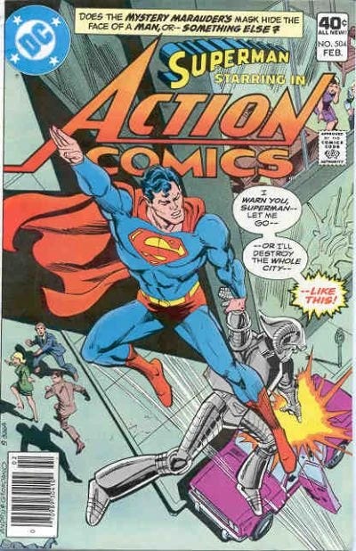 cover of action comics; Superman is flying away with a person in armor who threatens to destroy the city if he doesn't let them go; to demonstrate they blast a purple car below with a orange beam as other people run away. cover of action comics; Superman is flying away with a person in armor who threatens to destroy the city if he doesn't let them go; to demonstrate they blast a purple car below with a orange beam as other people run away.