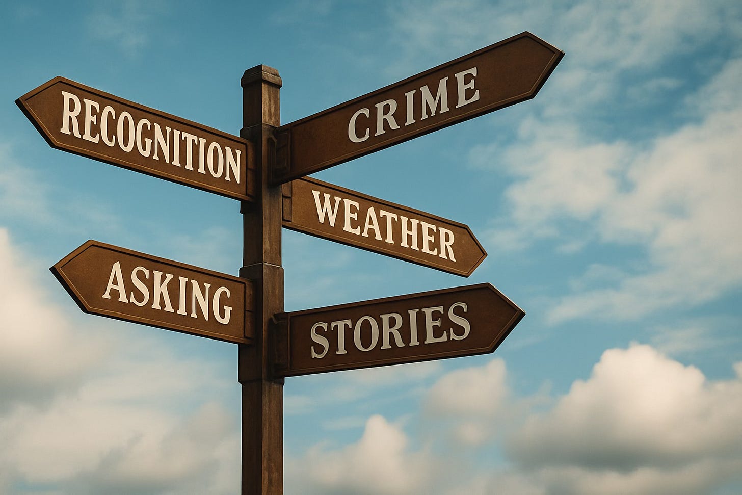 A wooden signpost at a five-way intersection, each sign labeled with a theme from the week’s posts: Recognition, Crime, Weather, Asking, and Stories, set against a partly cloudy blue sky. A wooden signpost at a five-way intersection, each sign labeled with a theme from the week’s posts: Recognition, Crime, Weather, Asking, and Stories, set against a partly cloudy blue sky.
