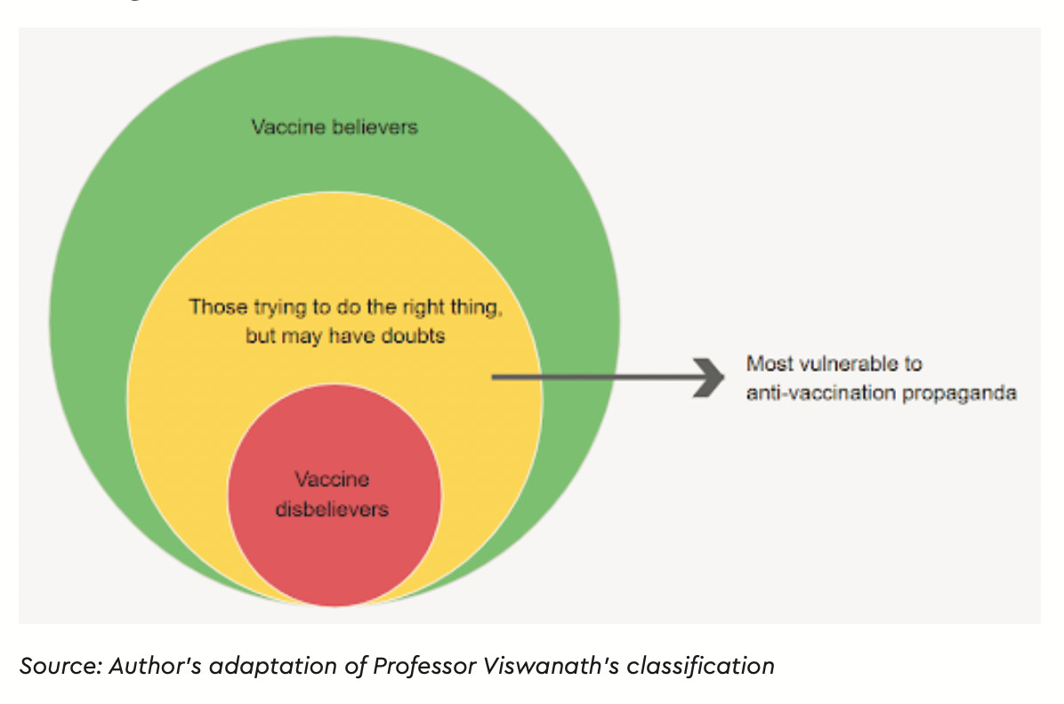 Three concentric circles. Big one is green and says "Vaccine believers"; Yellow one saying "Those trying to do the right thing, but may have doubts"; red one says "Vaccine disbelievers." The yellow circle has an arrow that indicates that this group is "Most vulnerable to anti-vaccination propaganda."