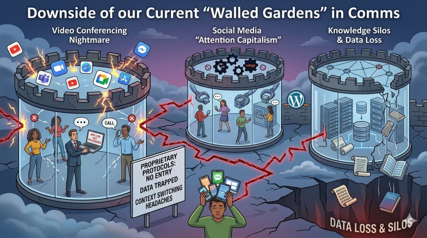 A conceptual vector drawing in dark blues, purples, and jarring electric reds. Diverse, frustrated figures are isolated on different fortified floating islands labeled "CHAT APP 1," "VIDEO APP A," and "EMAIL." Jagged red lines show broken connections, and generic contradictory communication symbols smash against each other, labeled "PROPRIETARY BATTLEFIELDS." A central, crumbling library building labeled "KNOWLEDGE SILOS" shows books and binary blocks labeled "KNOWLEDGE" falling into a dark abyss labeled "DATA LOSS." In the background, a massive gear system labeled "ALGORITHM OVER HUMAN" traps attention and data. A conceptual vector drawing in dark blues, purples, and jarring electric reds. Diverse, frustrated figures are isolated on different fortified floating islands labeled "CHAT APP 1," "VIDEO APP A," and "EMAIL." Jagged red lines show broken connections, and generic contradictory communication symbols smash against each other, labeled "PROPRIETARY BATTLEFIELDS." A central, crumbling library building labeled "KNOWLEDGE SILOS" shows books and binary blocks labeled "KNOWLEDGE" falling into a dark abyss labeled "DATA LOSS." In the background, a massive gear system labeled "ALGORITHM OVER HUMAN" traps attention and data.