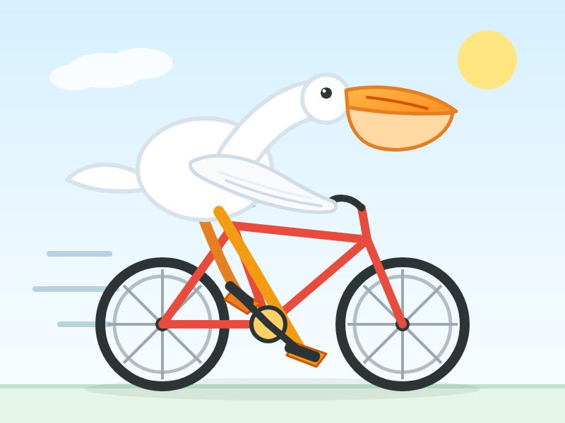 Described by Qwen 3.8 Max: Flat vector cartoon illustration of a white pelican with a large orange beak and pouch riding a red bicycle, its orange legs on the pedals, against a light blue sky with a yellow sun top right and a white cloud top left, with horizontal motion lines behind the bike and a pale green ground strip at the bottom. Described by Qwen 3.8 Max: Flat vector cartoon illustration of a white pelican with a large orange beak and pouch riding a red bicycle, its orange legs on the pedals, against a light blue sky with a yellow sun top right and a white cloud top left, with horizontal motion lines behind the bike and a pale green ground strip at the bottom.