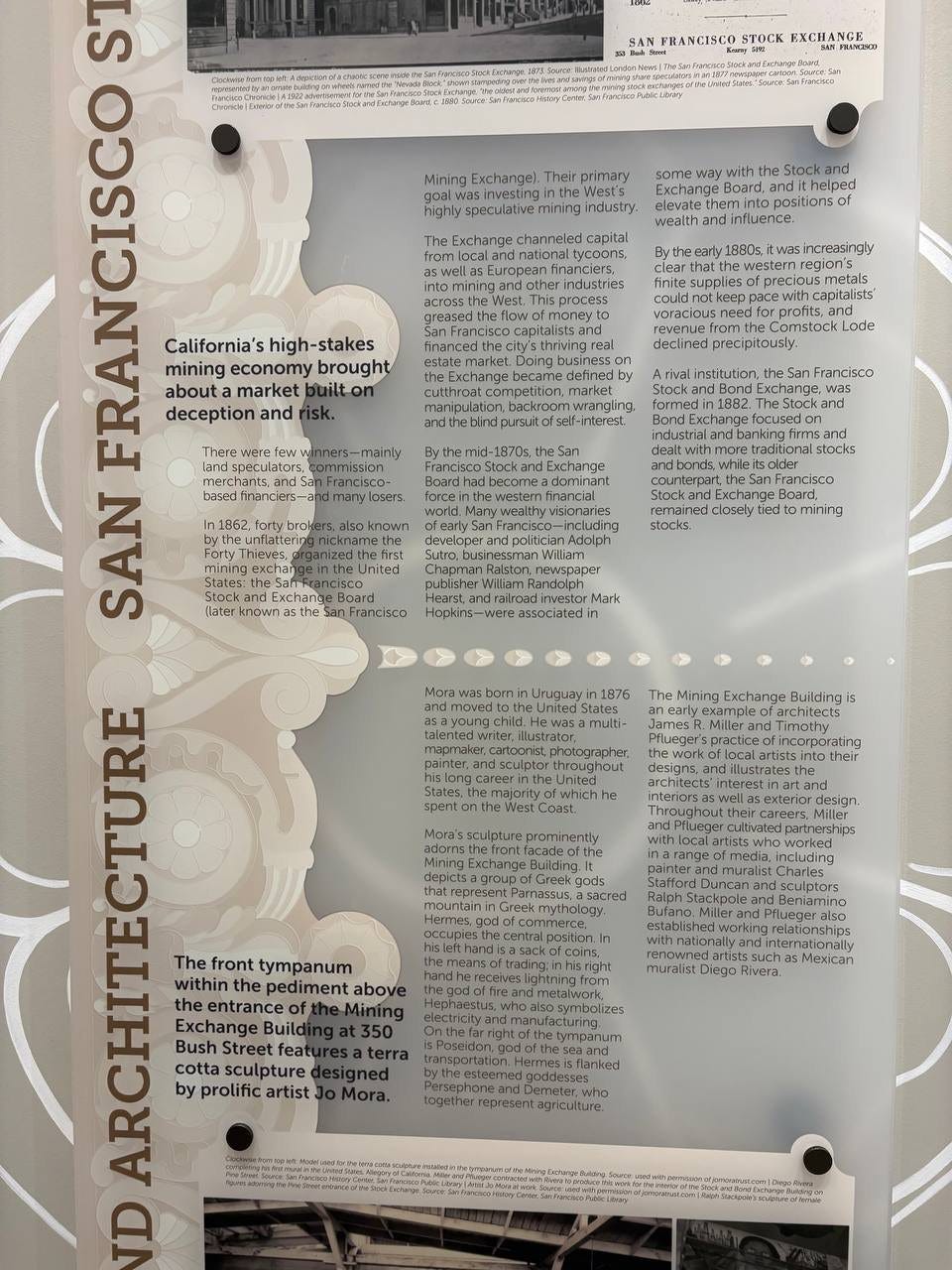 May be an image of blueprint, floor plan and text that says 'の FRANCISCO STOCK EXEHA SAN.FERANCSCOSTOCK.FKCLNOE.. NGE Sfaaciaco Mining Exchange). Their primary highly mining industry. and elped positions channeled capital Bytheearty increasingly California's high-stakes mining economy brought market deception and ode Francisco stocks mining exchai States ae Exchange llater knawn closely Board, mining SAN Francisco Mark associatedir United Exchange Building architects . front tympanum within pediment abov entrance Exchange Build Bush Street featı cotta sculpture Ipture by prolific artist Rivera. Mexican Mora. ND AOC'