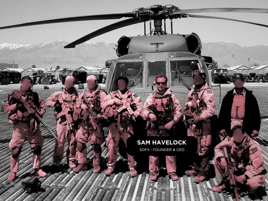 Sam Havelock with a special operations team in front of a Black Hawk helicopter
