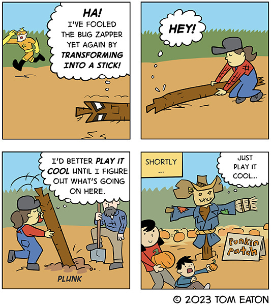 A giant stick bug with a mask lays on the ground while The Bug Zapper, a super hero in a yellow suit and mask runs past. The giant stick bug says, “Ha! I’ve fooled Bug Zapper yet again by transforming into a stick. A farmer comes and lifts the stick bug and forces it into a hole in the ground. Plunk. “I’d better play it cool until I figure out what’s going on here,” thinks the stick bug. Caption says, “Shortly.” The stick is now a scarecrow. A sign is next to it that says, “punkin patch.” “Just play it cool,” thinks the stick.