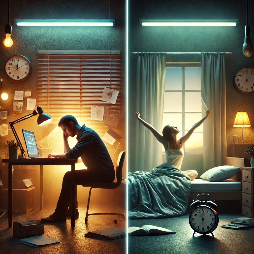 A split-screen conceptual image. On the left side, a fatigued person slumped at a desk in the evening, surrounded by bright overhead lights, a cluttered desk, and a glowing phone. The atmosphere is tense and overstimulated. On the right side, a calm, energized person waking up in the early morning light, stretching with a peaceful face in a clean, softly lit bedroom. The room has a tidy nightstand, a dim lamp, and a closed book. The contrast between the two sides should clearly show the difference between poor sleep habits and deliberate, optimized sleep. The overall tone is philosophical and inspiring, not dramatic or medical.