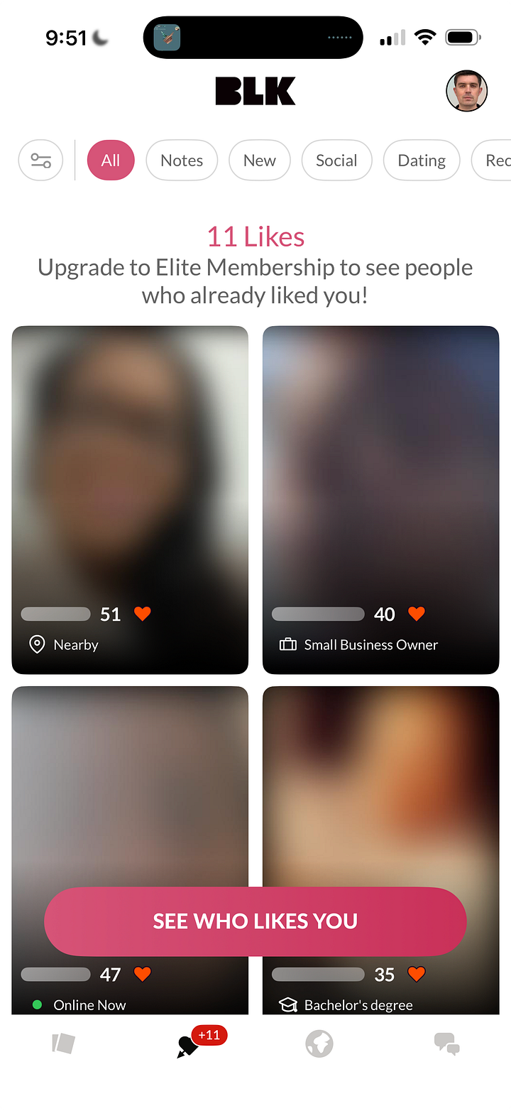 A collage of screenshots from Tinder, Bumble, Hinge, and BLK dating apps showing the "likes sent to you" section. The interface displays a grid of profile cards with blurred user photos, names like Gauri and Stephanie, and status labels such as "Recently Active" or "Liked your photo."