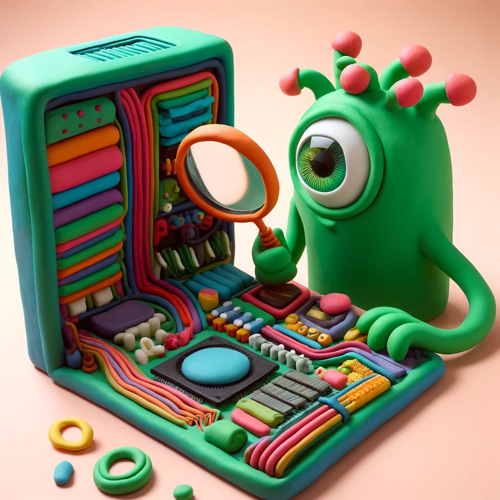 A vibrant and playful clay scene depicting a large computer with exposed colorful clay components such as wires, motherboards, and processors. A cute green clay monster is intensely examining these components through a large clay magnifying glass, highlighting its curiosity. The monster's eyes are detailed, focused through the lens of the magnifying glass, giving a sense of detailed inspection. It holds the magnifying glass in one hand, while the other hand appears to be adjusting or tinkering with the technology. The background is simple to focus attention on the intricate, engaging interaction between the monster and the tech.